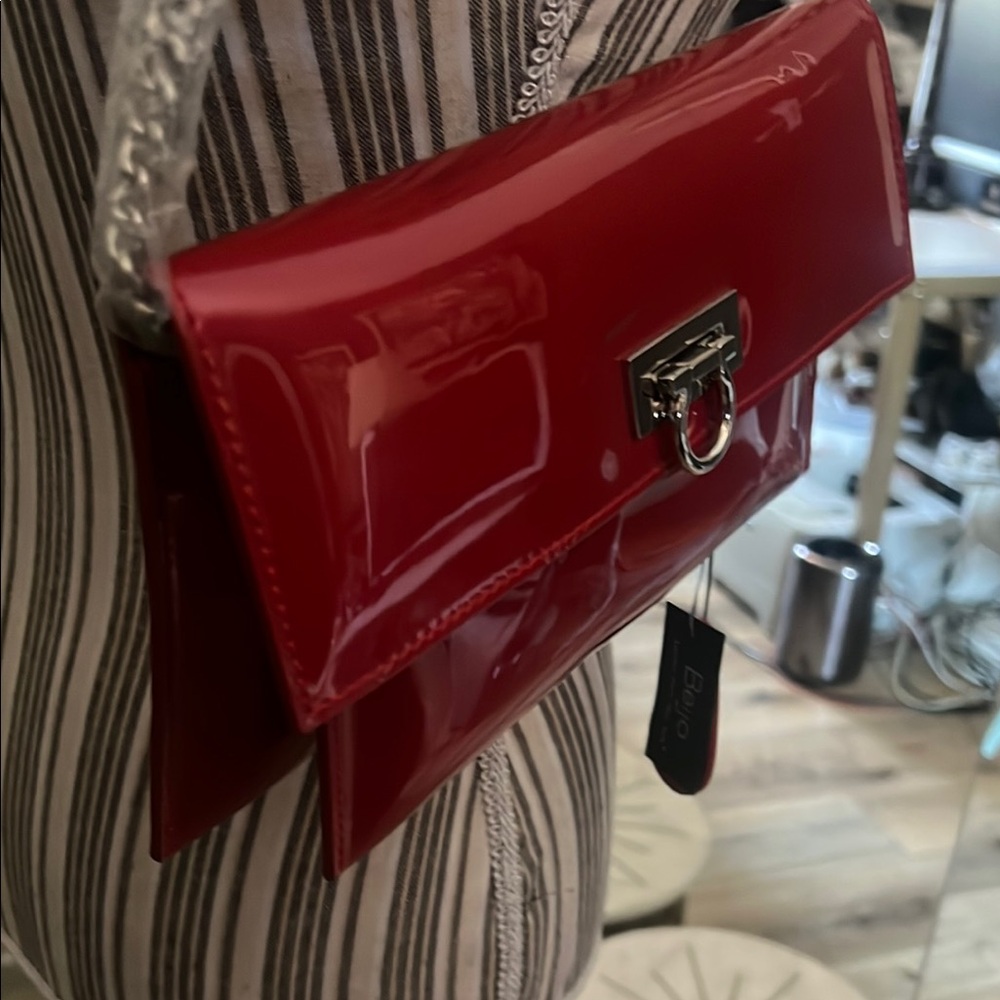 NWT. Beijo, Red Patent Leather Clutch, chain strap, silver hardware, stunning